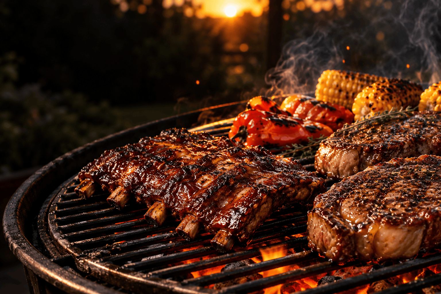 Gegrilde ribs, steak, paprika en mais boven gloeiende houtskool met lichte rook
